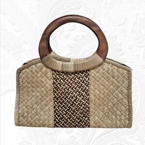 Handmade Woven Pandan Leaves Multicolor Hand Bag with Wooden Handles, Mini